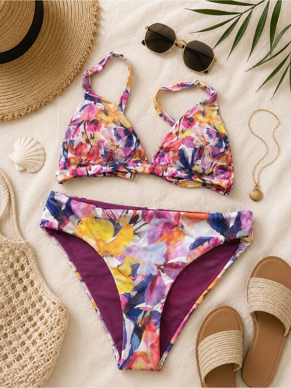 Cosita Linda Floral Bikini Set NWT Size M Colorful Triangle Top Hipster Bottom